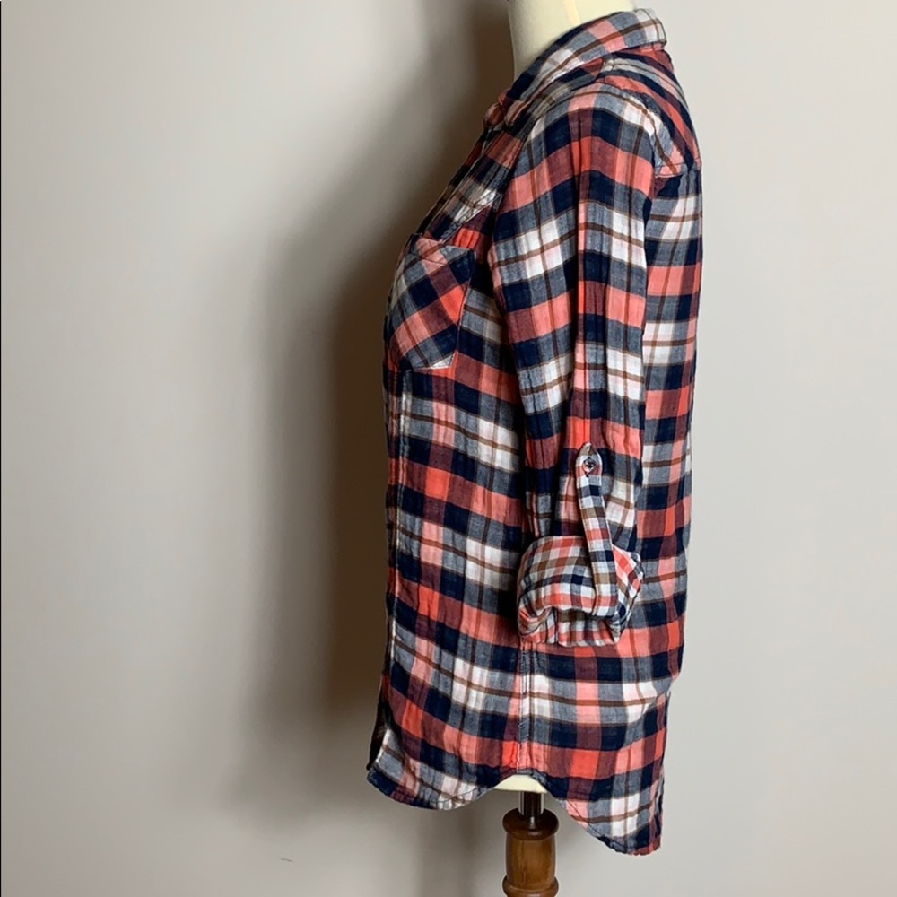 4/$20 Skies are Blue cotton gauze shirt Blue Red S - Picture 2 of 8